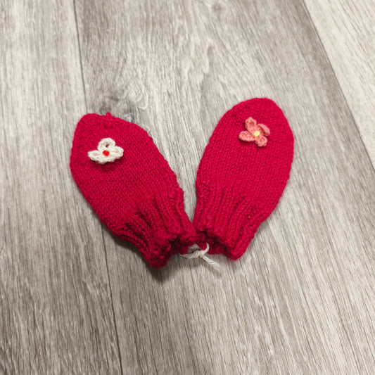 Handmade Baby Mittens Red Knit Crochet Flower Newborn Toddler Winter Gloves