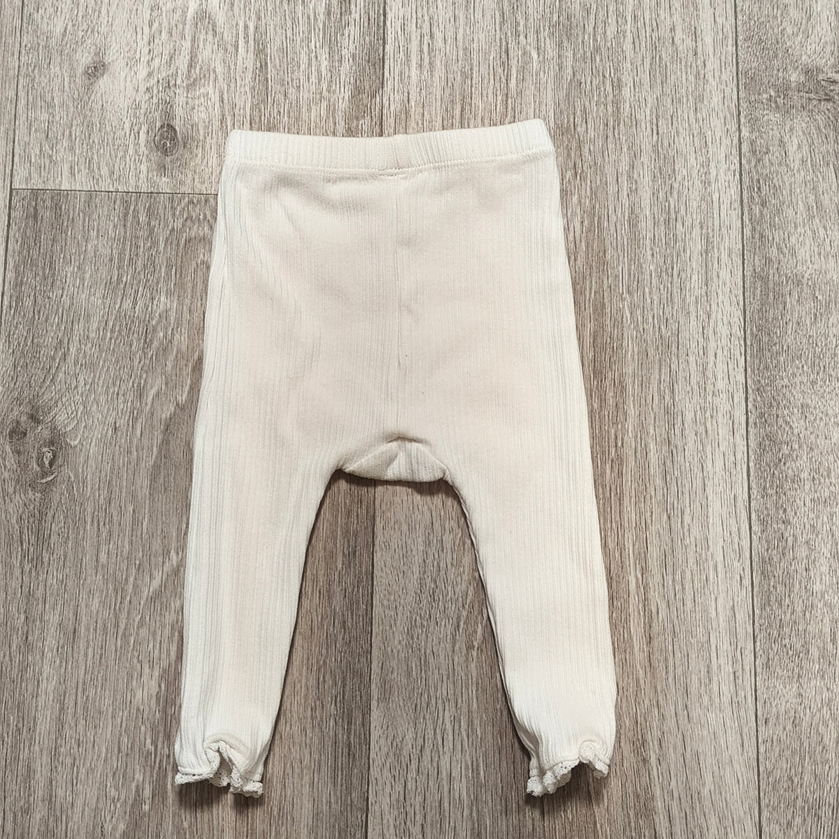 Baby Ribbed Leggings 6–9 Months Cream Elastic Waist Lace Trim