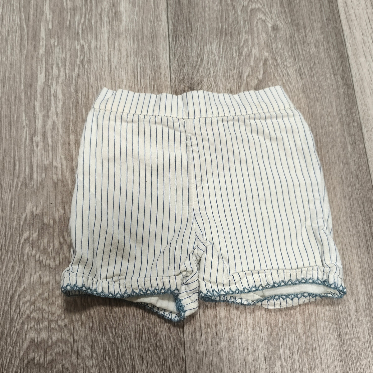 M&S Baby Shorts 6-9 Months White Blue Stripe Crochet Hem Bloomers