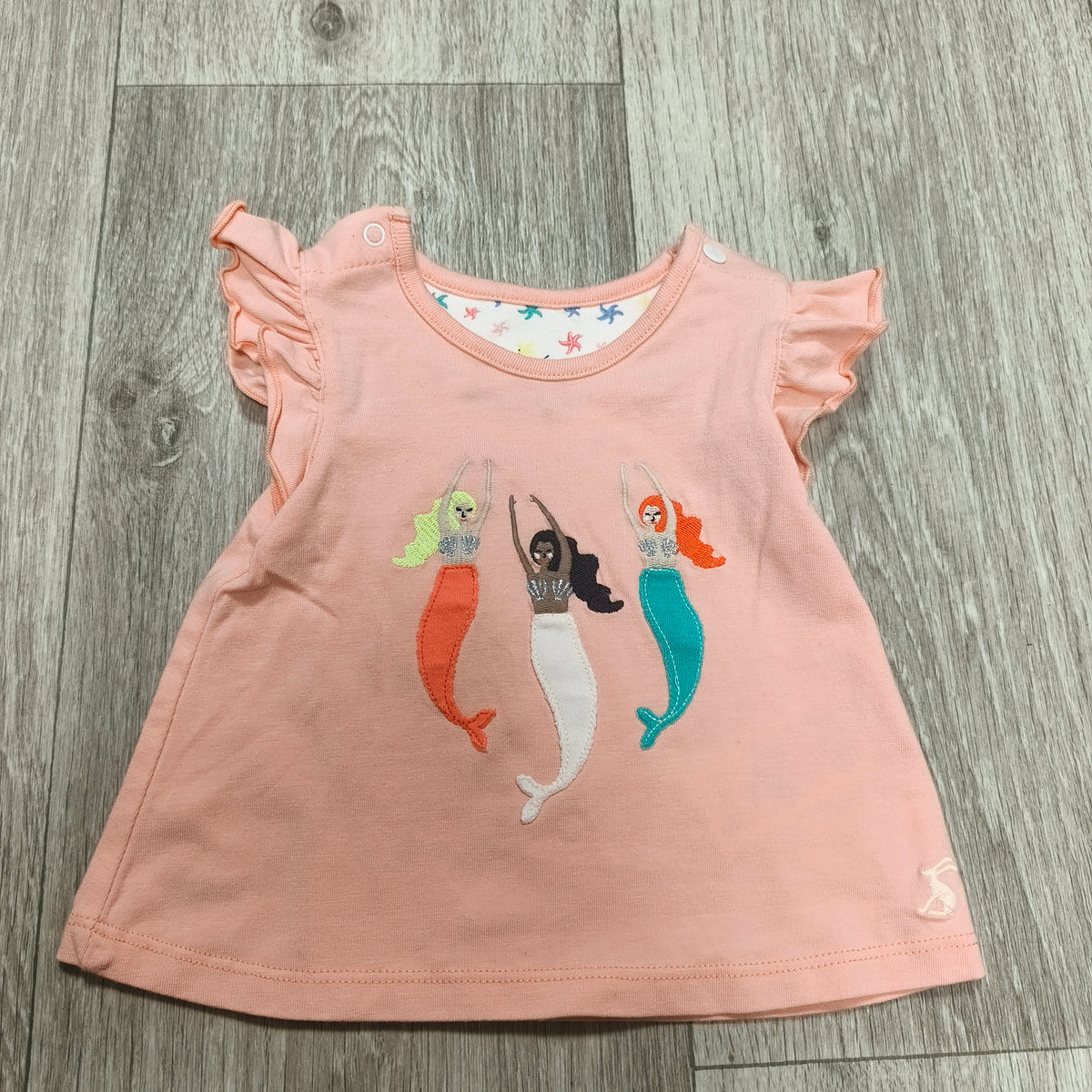Joules Baby Girls 0-3M Peach Barnacle Mermaid Ruffle Top T-Shirt