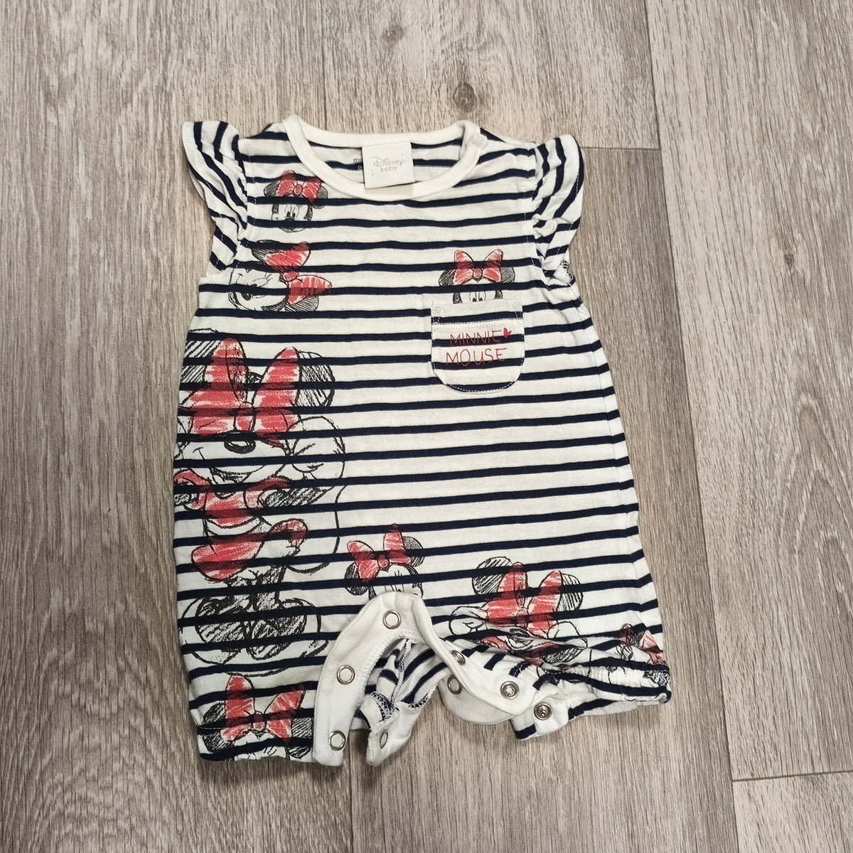 Disney Baby Minnie Mouse Romper 0-1M Striped Sleeveless Ruffle Pocket