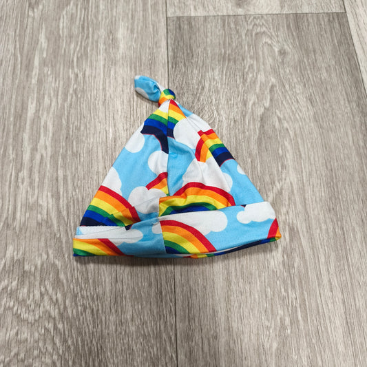 Newborn Baby Knotted Beanie Hat Rainbow Clouds Blue Top Knot