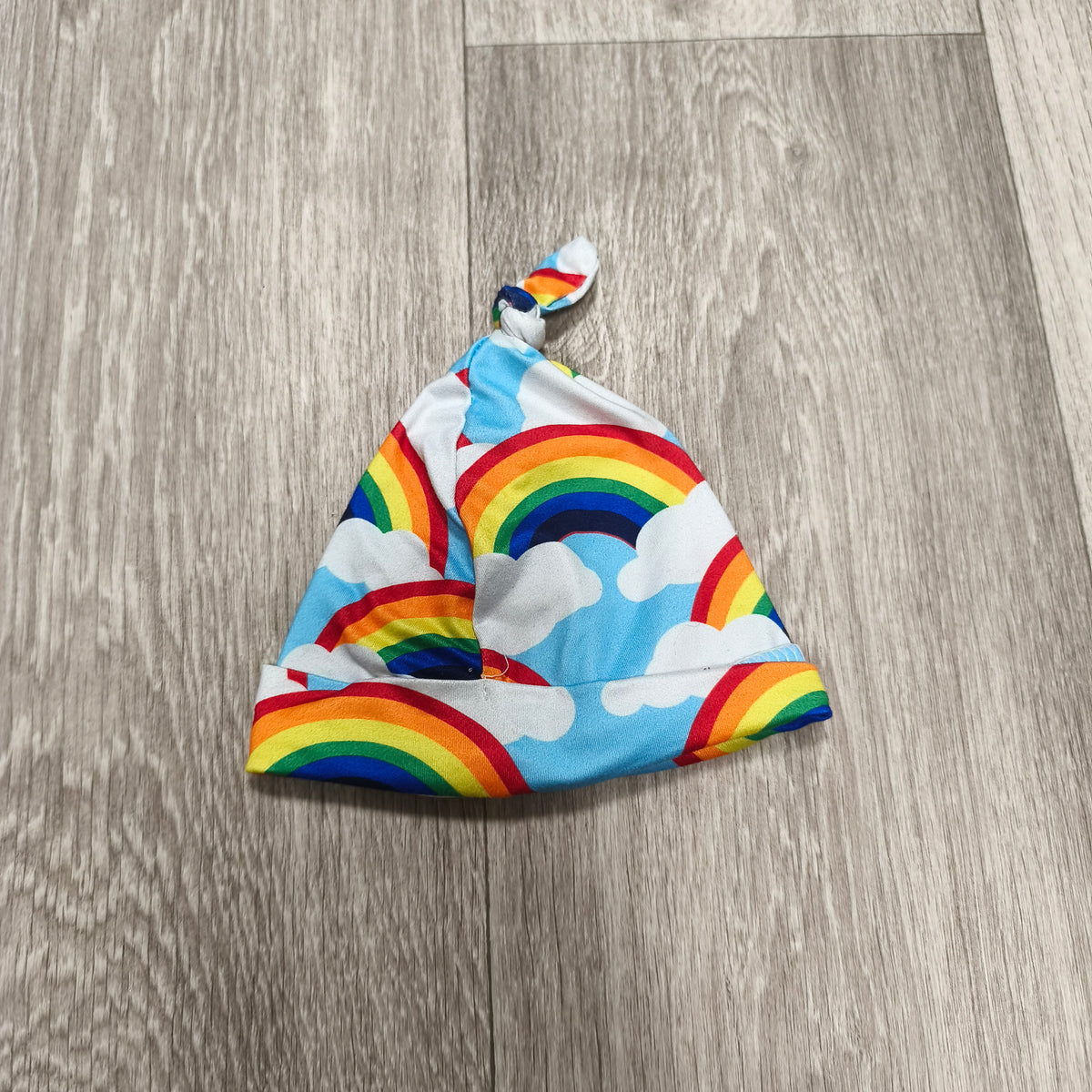 Newborn Baby Knotted Beanie Hat Rainbow Clouds Blue Top Knot