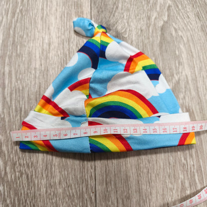 Newborn Baby Knotted Beanie Hat Rainbow Clouds Blue Top Knot