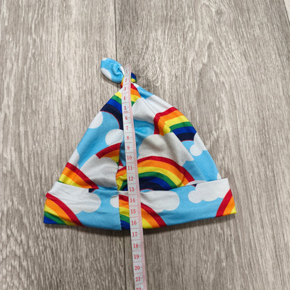 Newborn Baby Knotted Beanie Hat Rainbow Clouds Blue Top Knot