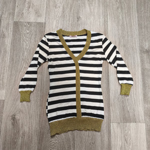 Womens Black White Striped Long Sleeve V-Neck Top Gold Glitter Trim