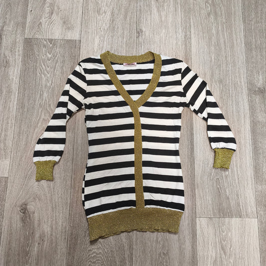 Womens Black White Striped Long Sleeve V-Neck Top Gold Glitter Trim