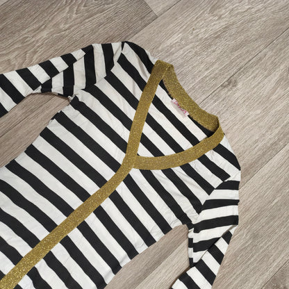 Womens Black White Striped Long Sleeve V-Neck Top Gold Glitter Trim