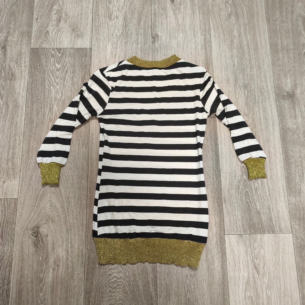 Womens Black White Striped Long Sleeve V-Neck Top Gold Glitter Trim
