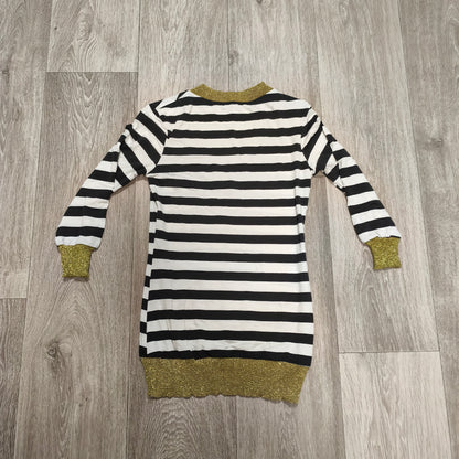 Womens Black White Striped Long Sleeve V-Neck Top Gold Glitter Trim
