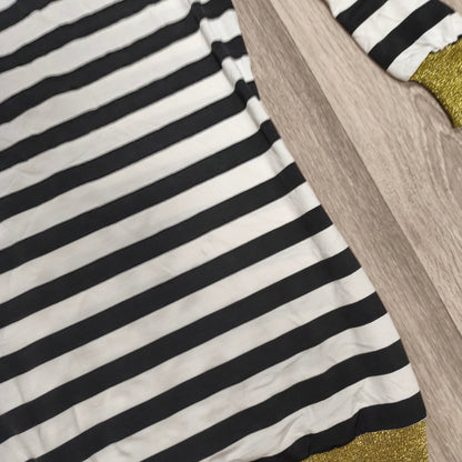 Womens Black White Striped Long Sleeve V-Neck Top Gold Glitter Trim