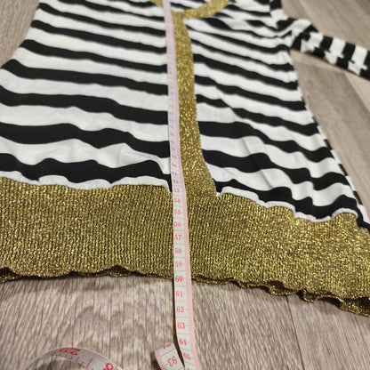 Womens Black White Striped Long Sleeve V-Neck Top Gold Glitter Trim