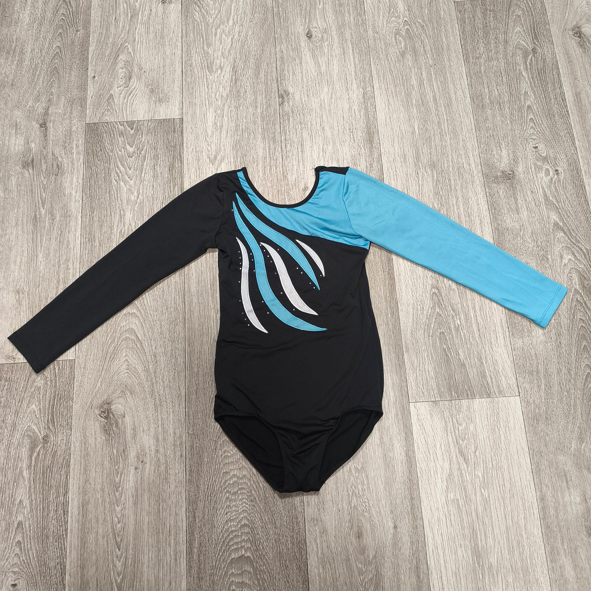Girls Size 12A Black Turquoise Long Sleeve Gymnastics Leotard