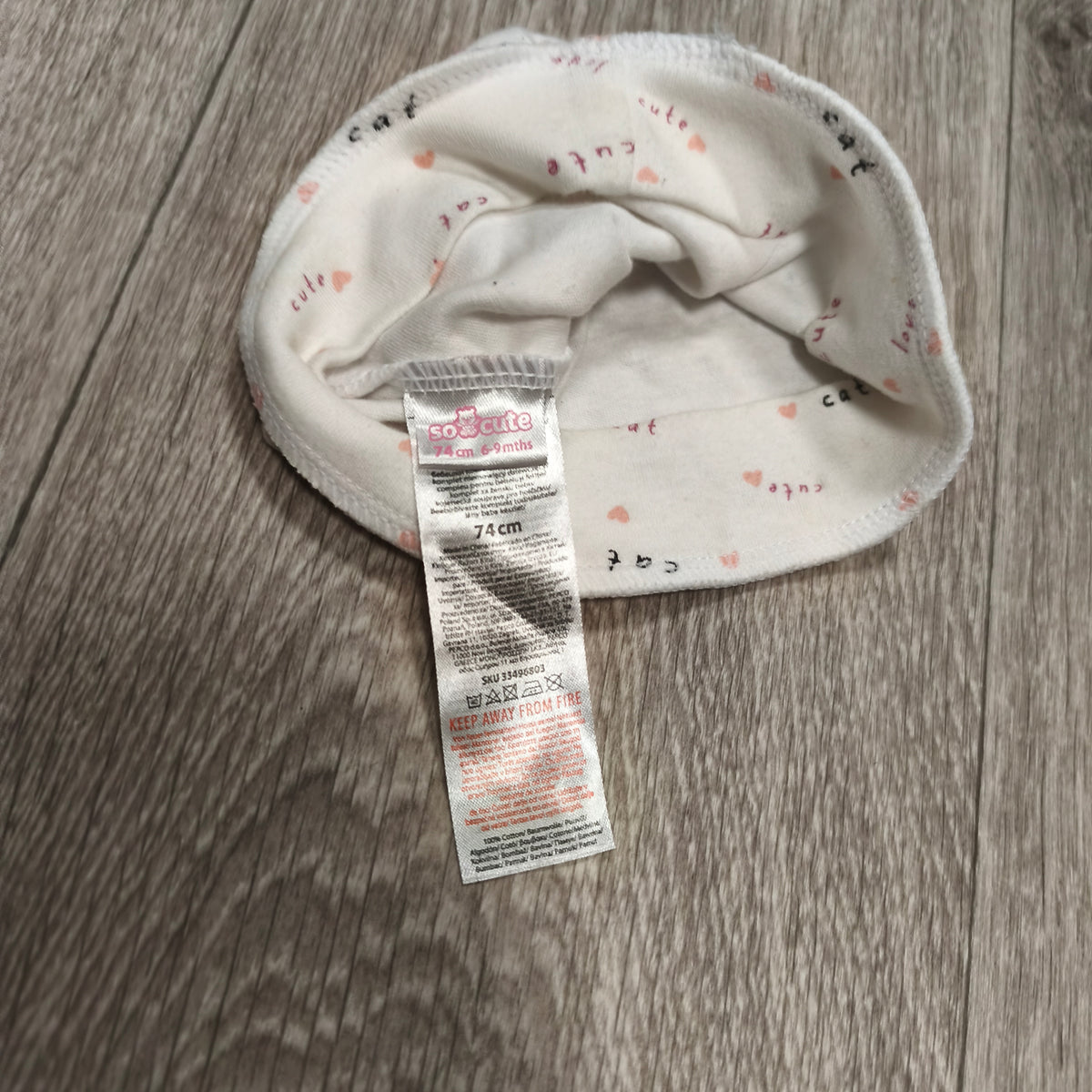 So Cute Baby Hat 74cm 6-9 Months White Pink Hearts Cat Love Cotton Beanie