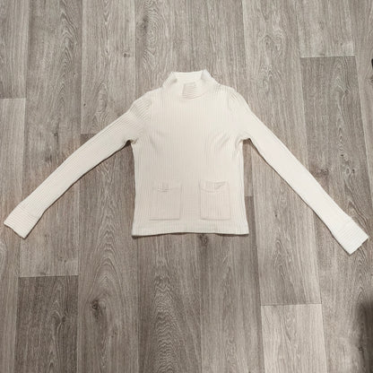 Zara Trafaluc White Ribbed Mock Neck Knit Sweater Pocket Top Womens Size S