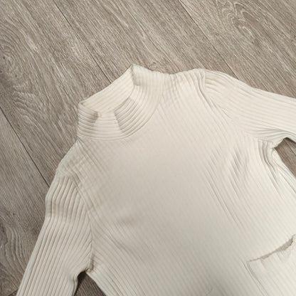 Zara Trafaluc White Ribbed Mock Neck Knit Sweater Pocket Top Womens Size S