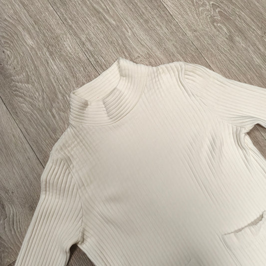 Zara Trafaluc White Ribbed Mock Neck Knit Sweater Pocket Top Womens Size S
