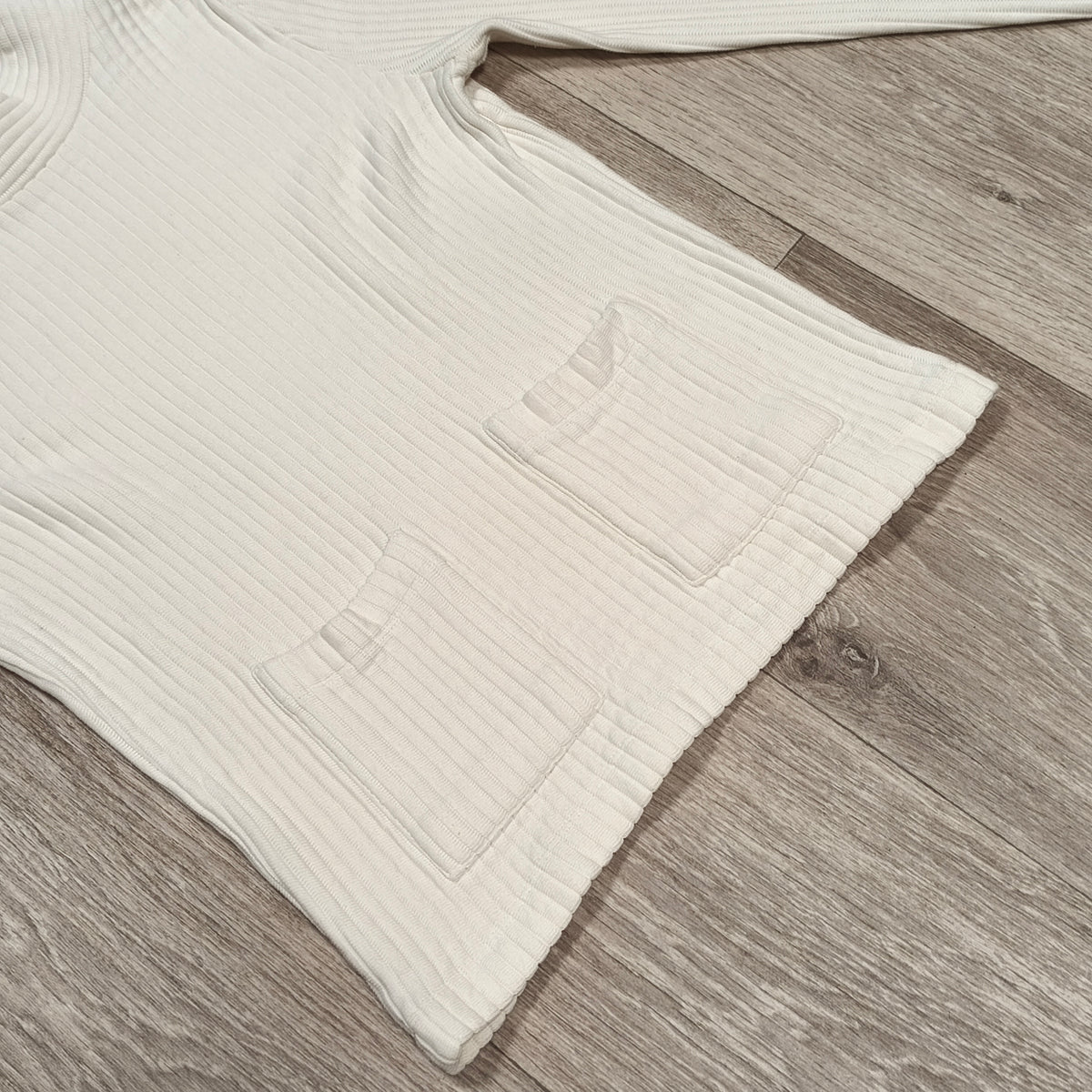 Zara Trafaluc White Ribbed Mock Neck Knit Sweater Pocket Top Womens Size S