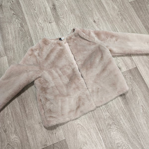 H&M Divided Women Faux Fur Jacket Size M Beige Pink Collarless Coat