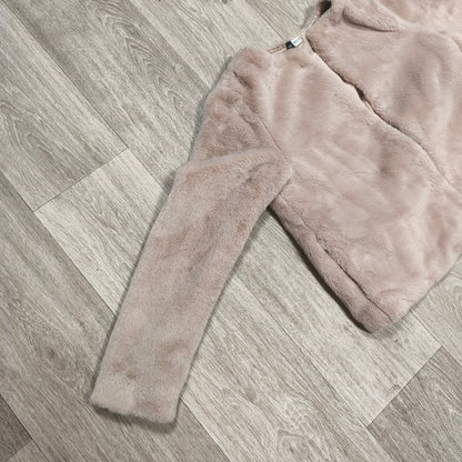 H&M Divided Women Faux Fur Jacket Size M Beige Pink Collarless Coat