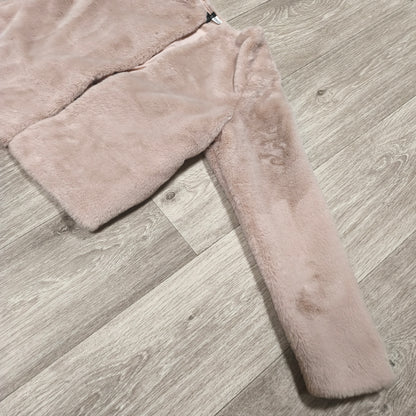 H&M Divided Women Faux Fur Jacket Size M Beige Pink Collarless Coat