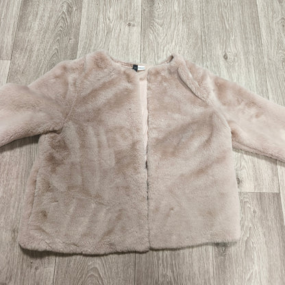 H&M Divided Women Faux Fur Jacket Size M Beige Pink Collarless Coat