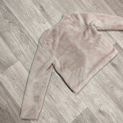 H&M Divided Women Faux Fur Jacket Size M Beige Pink Collarless Coat