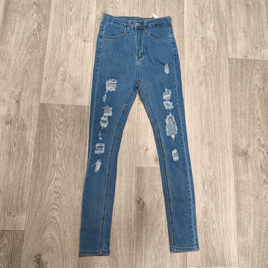 SHEIN Women Distressed Ripped High Waist Skinny Jeans Blue Denim Size XS