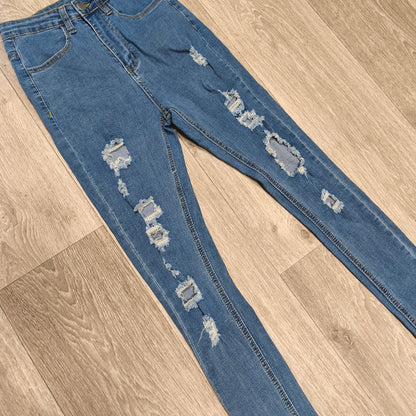 SHEIN Women Distressed Ripped High Waist Skinny Jeans Blue Denim Size XS