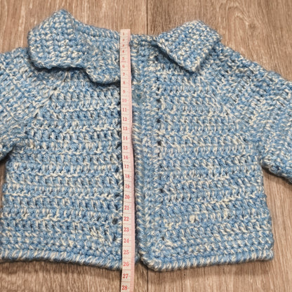 Handmade Blue White Crochet Knit Baby Cardigan Sweater Collared Button Jacket