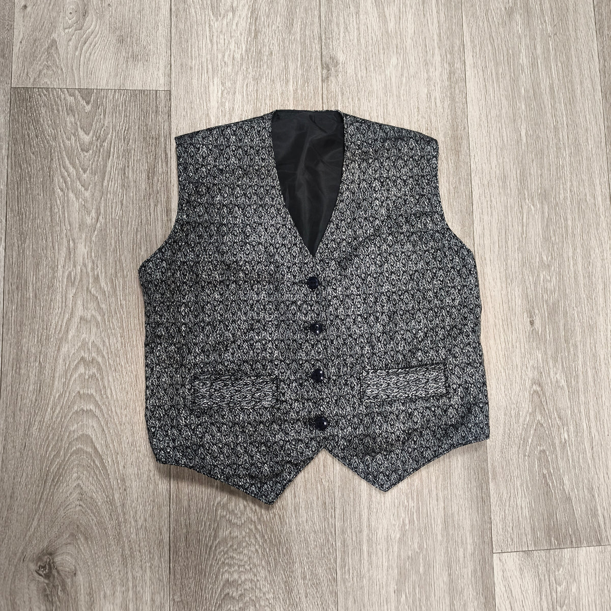 Silver Black Woven Patterned Formal Vest Waistcoat V-Neck Button Front