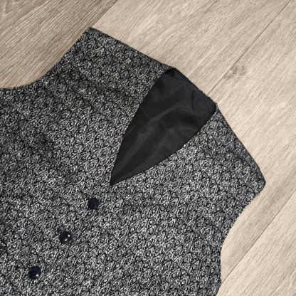 Silver Black Woven Patterned Formal Vest Waistcoat V-Neck Button Front