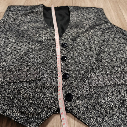 Silver Black Woven Patterned Formal Vest Waistcoat V-Neck Button Front
