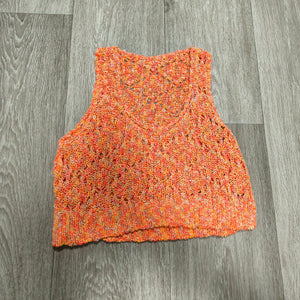 Womens Orange Open Knit Tank Top Cropped Sleeveless V-Neck Sweater Vest