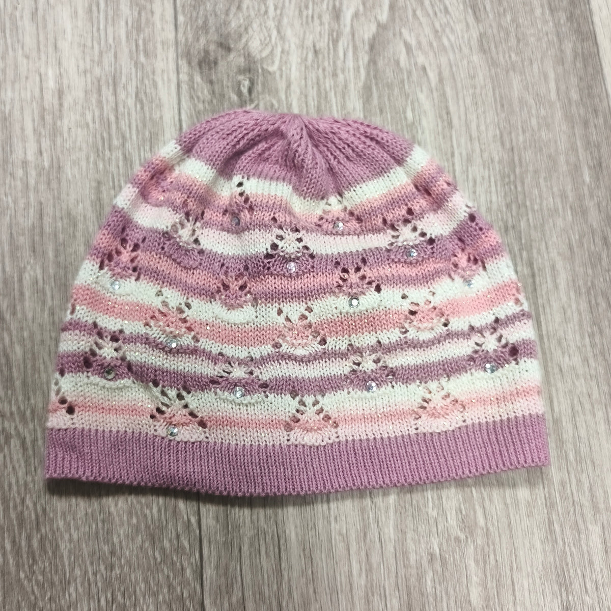 Pink Purple Striped Knit Beanie Hat Rhinestone Sparkle Pointelle Openwork