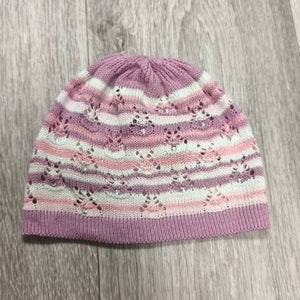 Pink Purple Striped Knit Beanie Hat Rhinestone Sparkle Pointelle Openwork