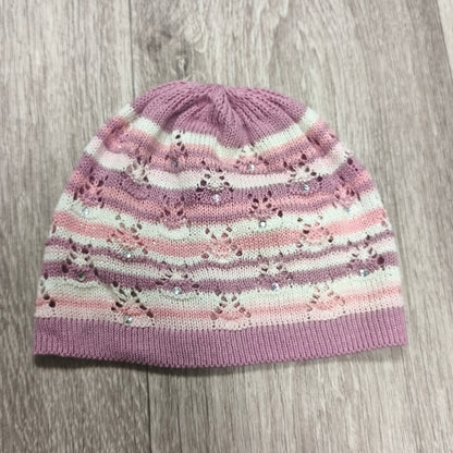 Pink Purple Striped Knit Beanie Hat Rhinestone Sparkle Pointelle Openwork