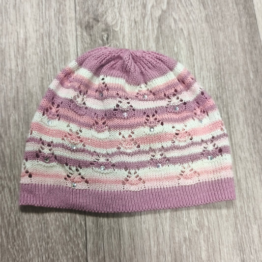 Pink Purple Striped Knit Beanie Hat Rhinestone Sparkle Pointelle Openwork
