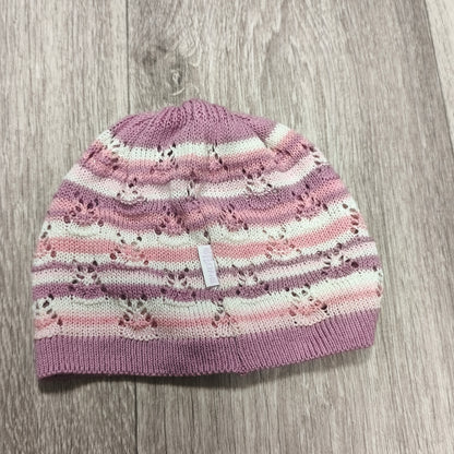 Pink Purple Striped Knit Beanie Hat Rhinestone Sparkle Pointelle Openwork