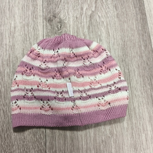 Pink Purple Striped Knit Beanie Hat Rhinestone Sparkle Pointelle Openwork