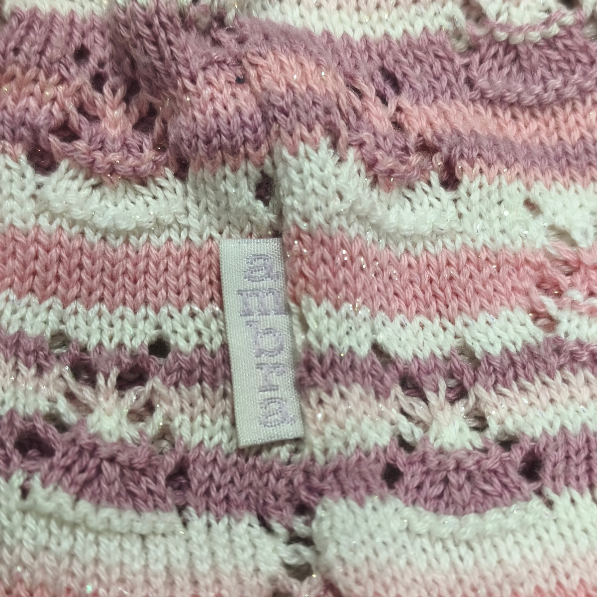 Pink Purple Striped Knit Beanie Hat Rhinestone Sparkle Pointelle Openwork