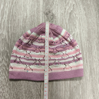 Pink Purple Striped Knit Beanie Hat Rhinestone Sparkle Pointelle Openwork