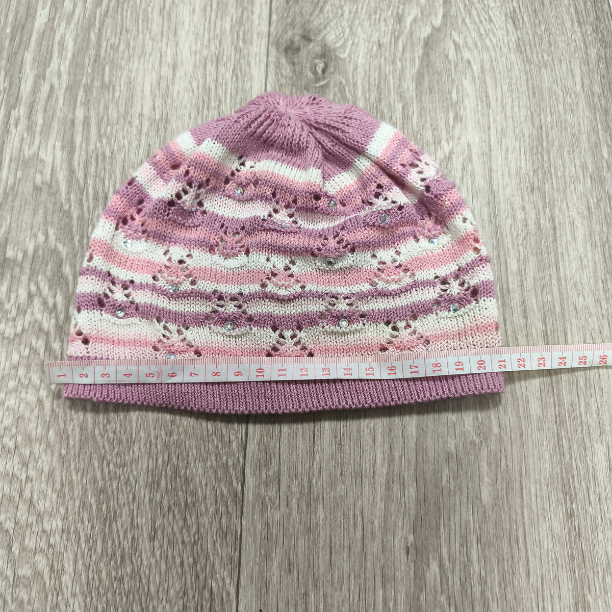 Pink Purple Striped Knit Beanie Hat Rhinestone Sparkle Pointelle Openwork