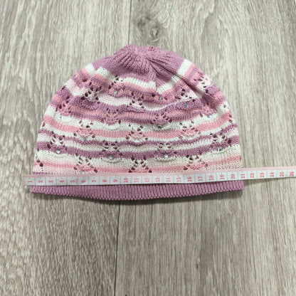 Pink Purple Striped Knit Beanie Hat Rhinestone Sparkle Pointelle Openwork