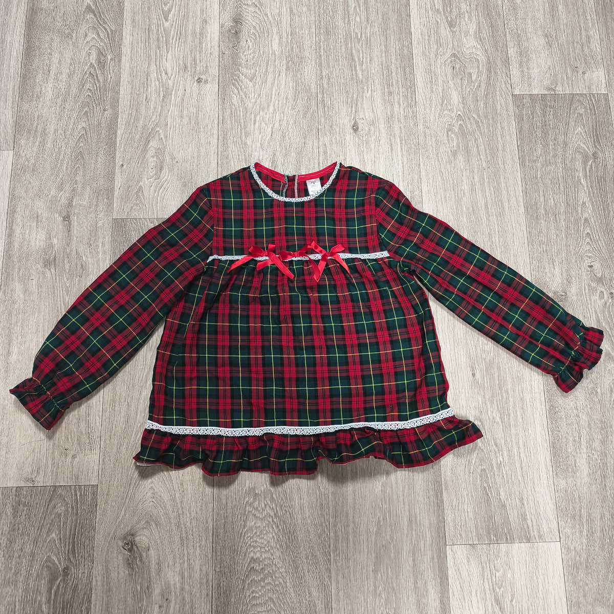 Cotton Fluff Boutique Girls Tartan Plaid Top Dress Red Bow Lace UK Handmade