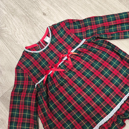 Cotton Fluff Boutique Girls Tartan Plaid Top Dress Red Bow Lace UK Handmade