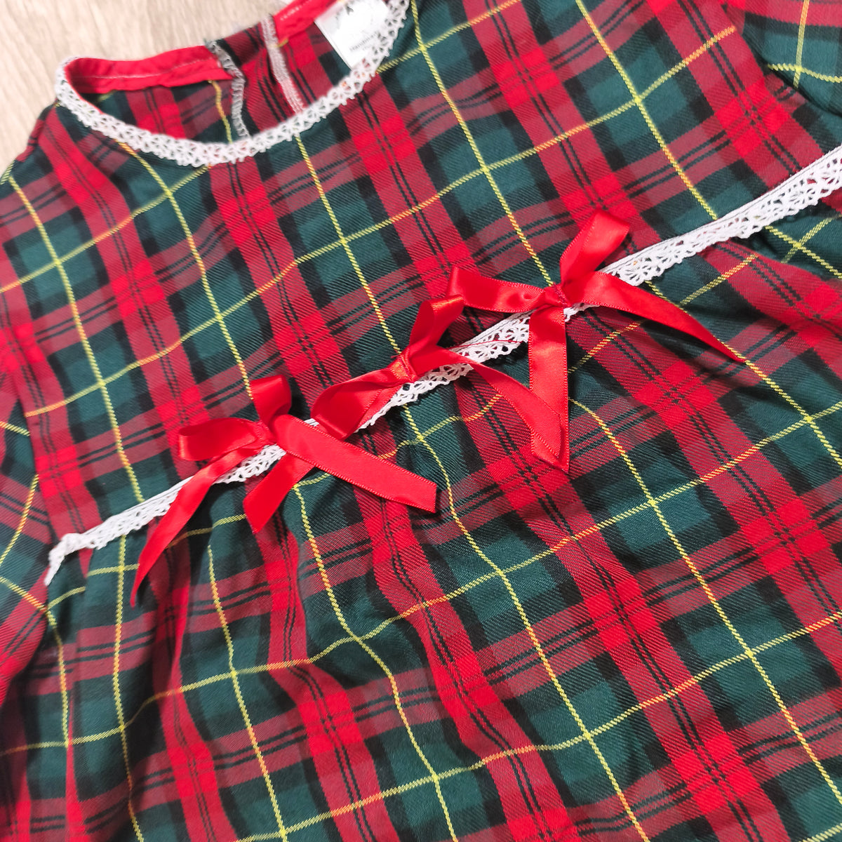 Cotton Fluff Boutique Girls Tartan Plaid Top Dress Red Bow Lace UK Handmade