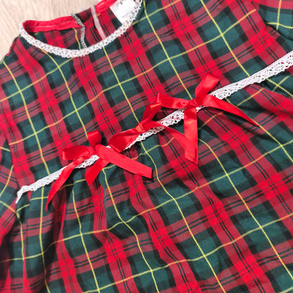 Cotton Fluff Boutique Girls Tartan Plaid Top Dress Red Bow Lace UK Handmade