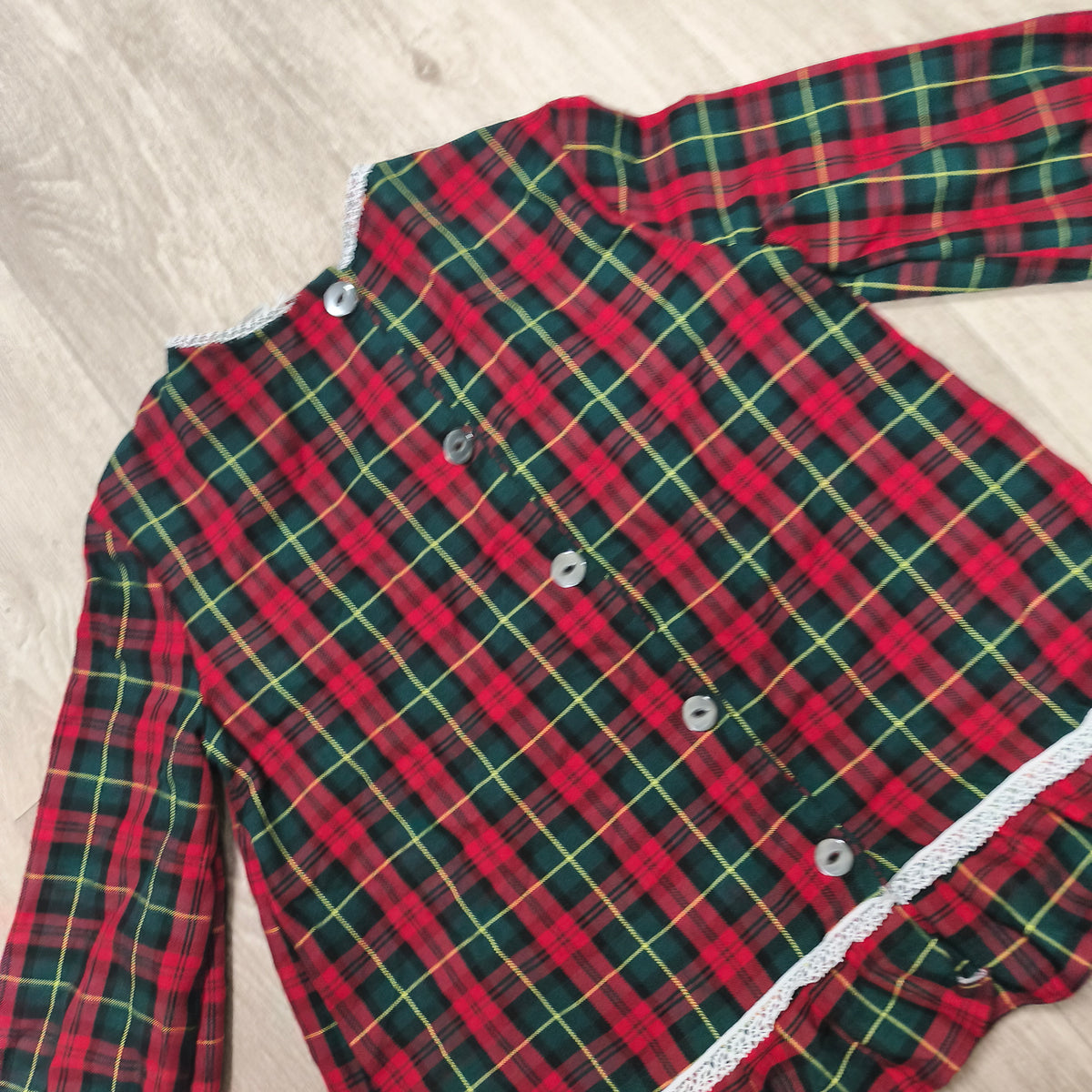 Cotton Fluff Boutique Girls Tartan Plaid Top Dress Red Bow Lace UK Handmade