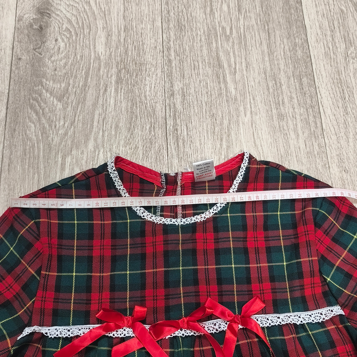 Cotton Fluff Boutique Girls Tartan Plaid Top Dress Red Bow Lace UK Handmade